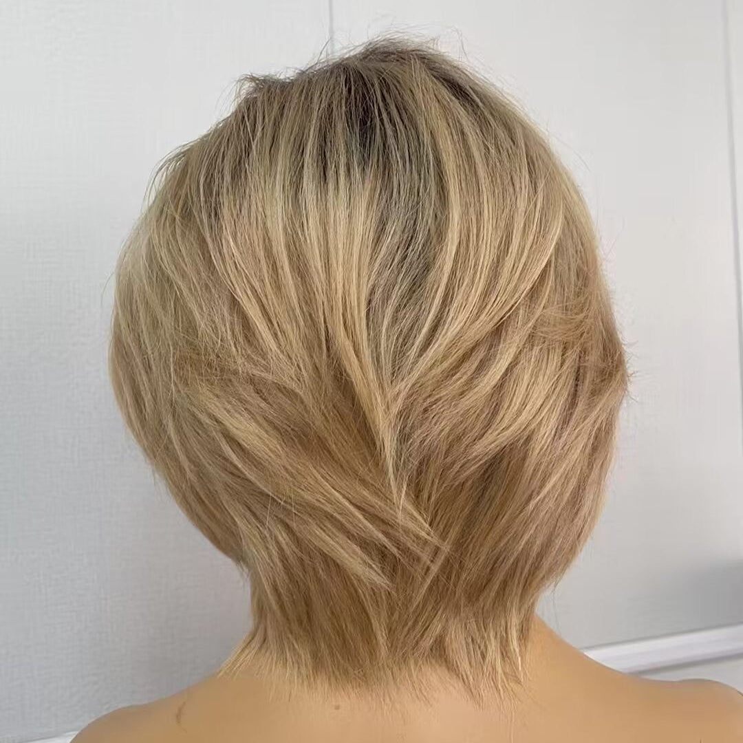 Brown Ombre Short Pixie Wig Lace Frontal Human Hair Side Part African American