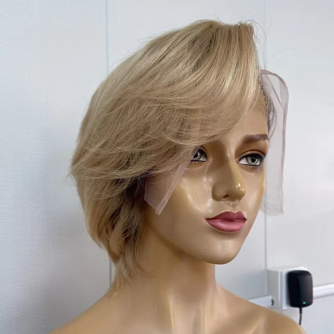 Brown Ombre Short Pixie Wig Lace Frontal Human Hair Side Part African American