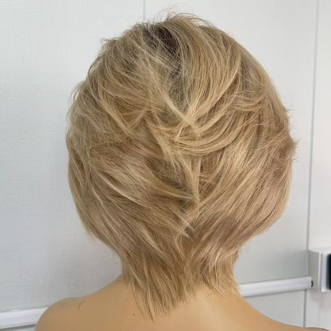 Brown Ombre Short Pixie Wig Lace Frontal Human Hair Side Part African American