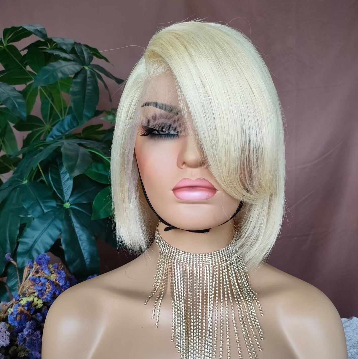 Blonde Pixie Cut Bob Lace Wig with Side Part Bangs Straight Human Hair