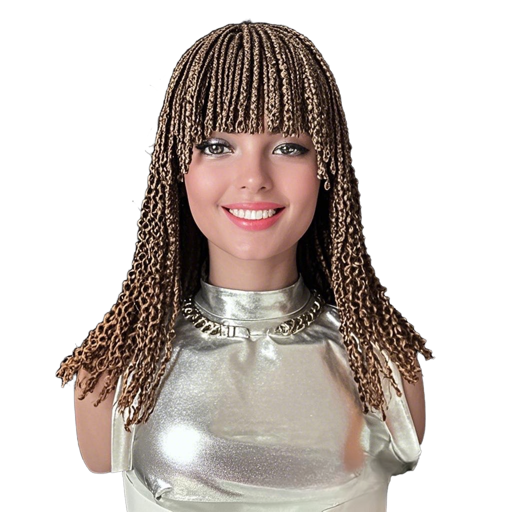 14-Inch Short Box Braided Bob Wig with Curtain Bangs & Curly Ends, Synthetic Hair Wig for Black Women
