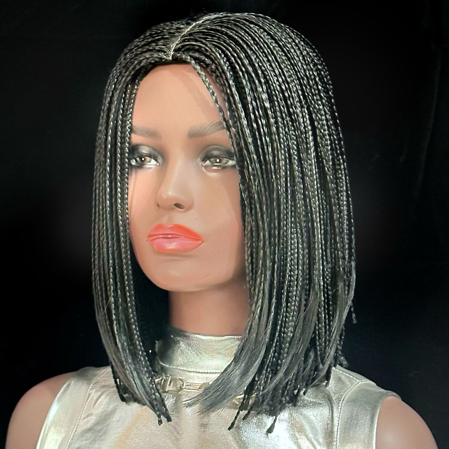 12 Inch Micro Box Braided Bob Wig - Black Color, Middle Part, 300g Synthetic Braided Wig bone straight for Black Women