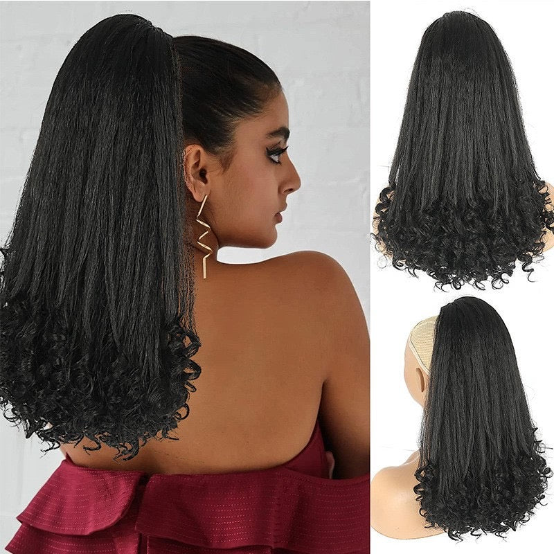 black grey 16inch kinky Straight Drawstring Ponytail Yaki Ponytail with loose wave End Hair Extension for black women