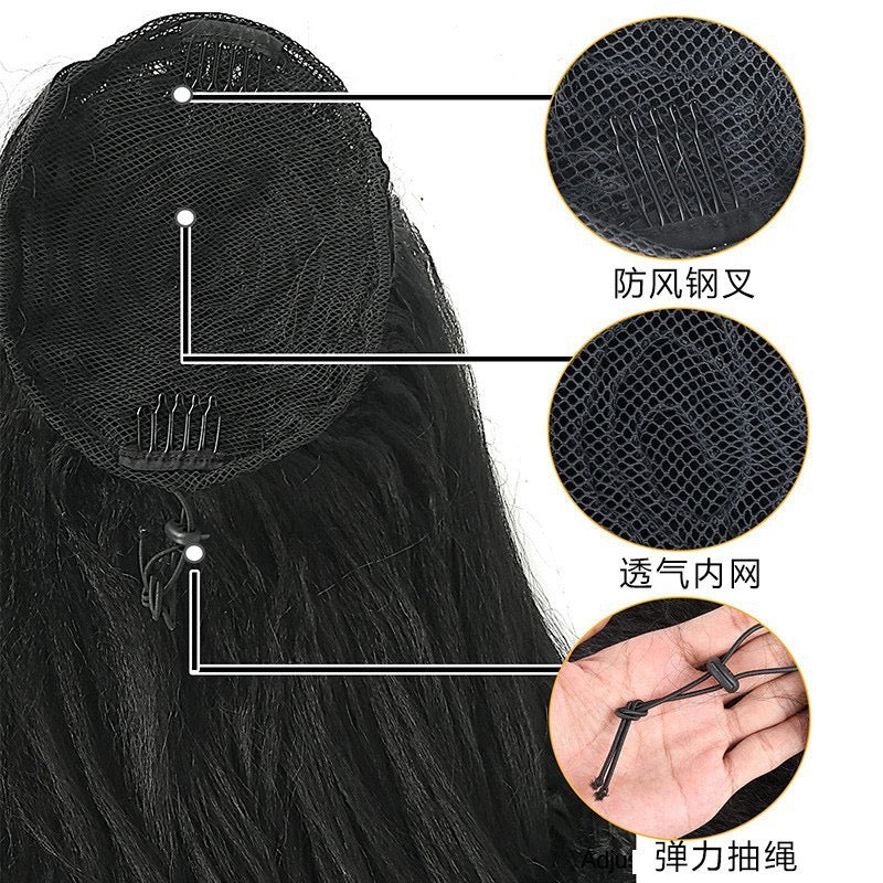 grey 16inch kinky Straight Drawstring Ponytail Yaki Ponytail with loose wave End Hair Extension for black women