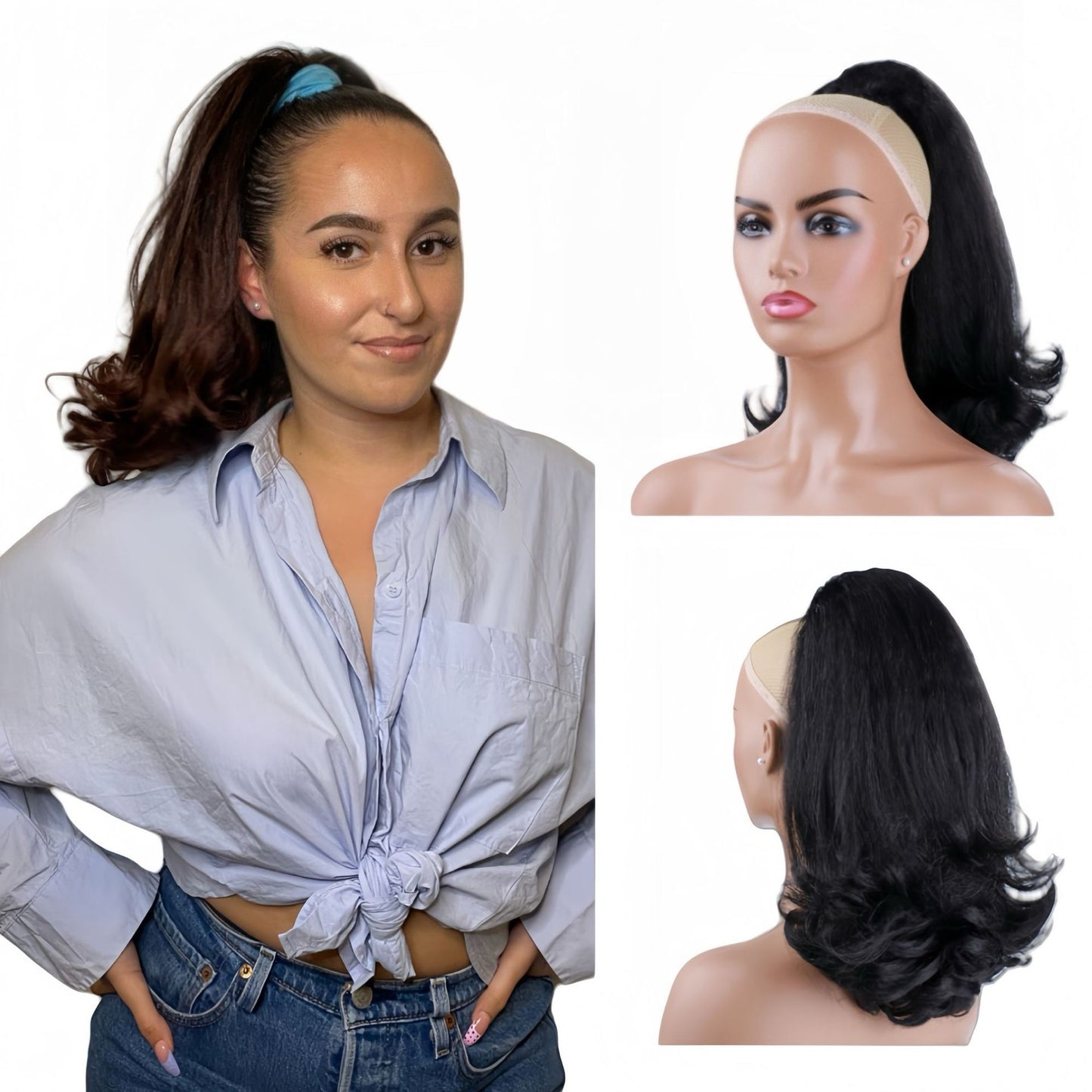 black 16inch short yaki Drawstring Ponytail with wave End Ponytail Hair Piece for black women