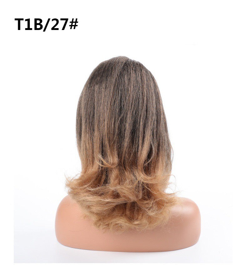 ombre broown 16inch short yaki Drawstring Ponytail with wave End Ponytail Hair Piece for black women
