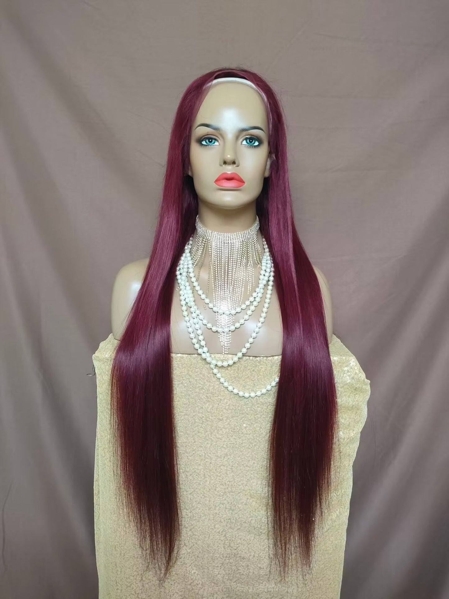 Burgundy Straight Human Hair Lace Front Wig Long Hair for African American