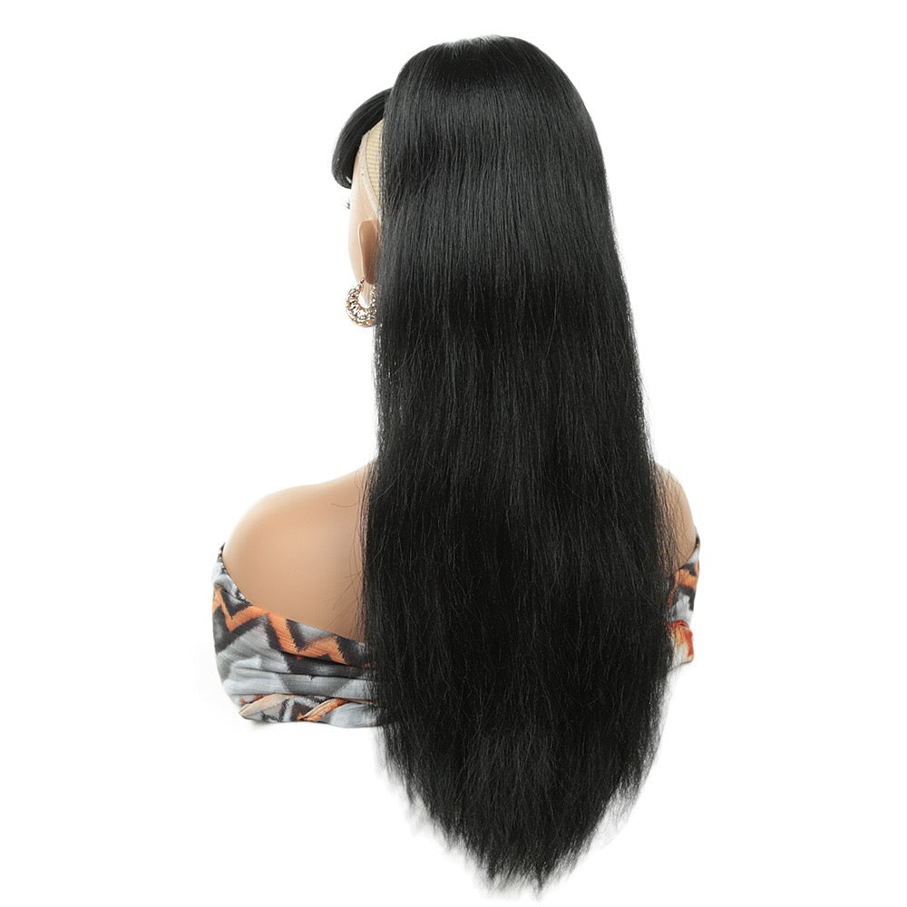 18inch YAKI Straight Long Drawstring Pony Tail with Swoop Fringe Hair Piece Extension Bang Ponytail for Black Women