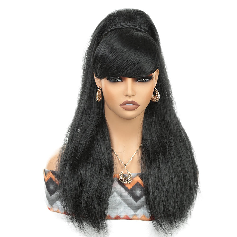 18inch YAKI Straight Long Drawstring Pony Tail with Swoop Fringe Hair Piece Extension Bang Ponytail for Black Women