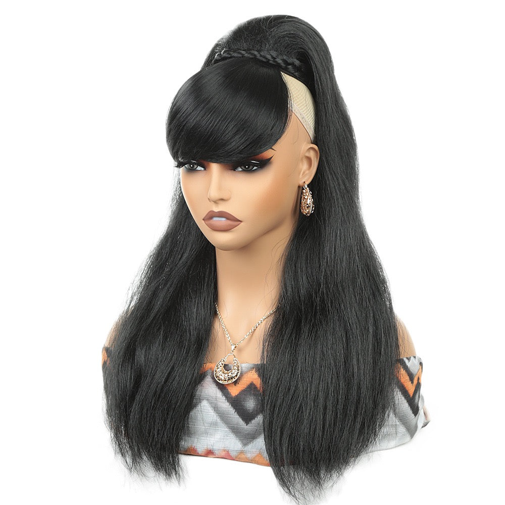 18inch YAKI Straight Long Drawstring Pony Tail with Swoop Fringe Hair Piece Extension Bang Ponytail for Black Women
