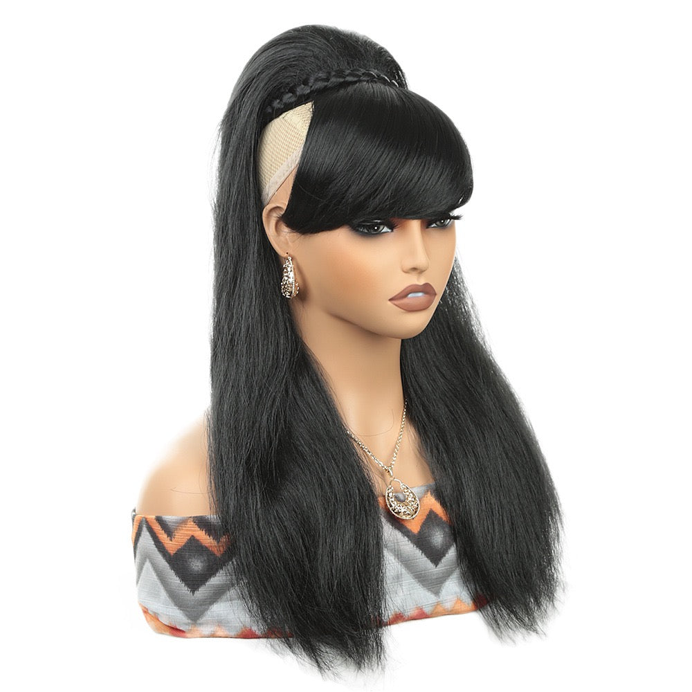 18inch YAKI Straight Long Drawstring Pony Tail with Swoop Fringe Hair Piece Extension Bang Ponytail for Black Women