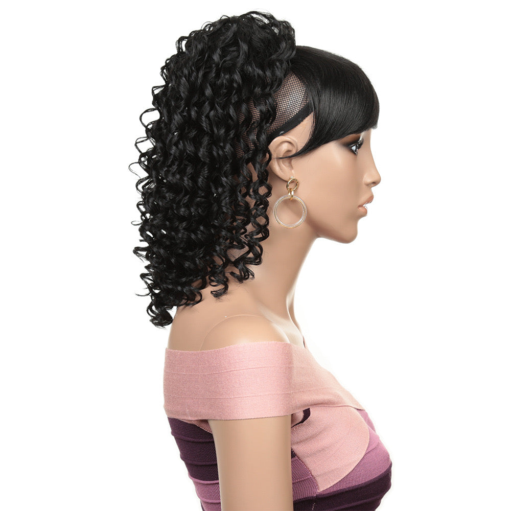 12 Inch Black Kinky Curly Ponytail with Swoop Side Bangs Extension Short Clip in Hair Piece Bangs & Ponytail for Black Women 