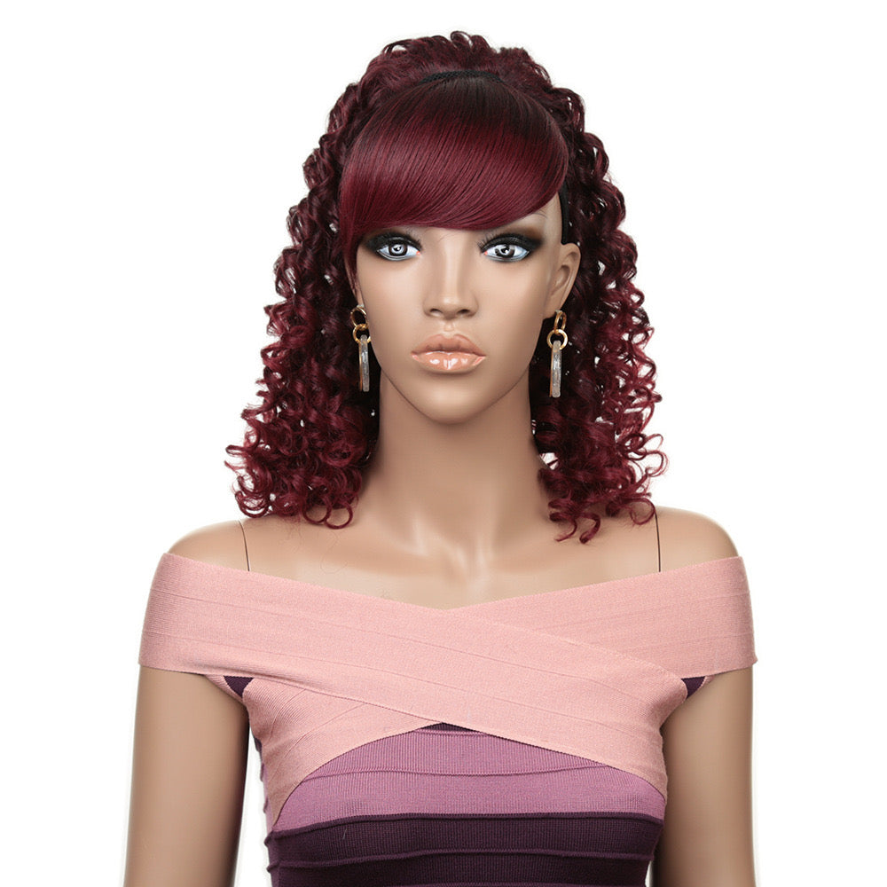 12 Inch Burgundy Kinky Curly Ponytail with Swoop Side Bangs for Black Women