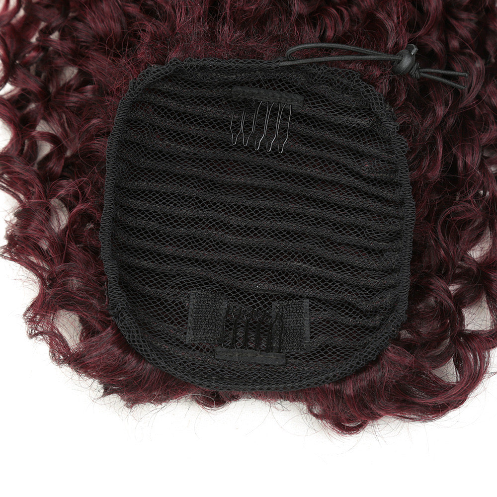 12 Inch Burgundy Kinky Curly Ponytail with Swoop Side Bangs for Black Women