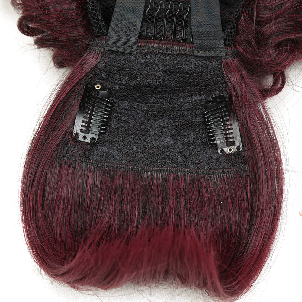 12 Inch Burgundy Kinky Curly Ponytail with Swoop Side Bangs for Black Women