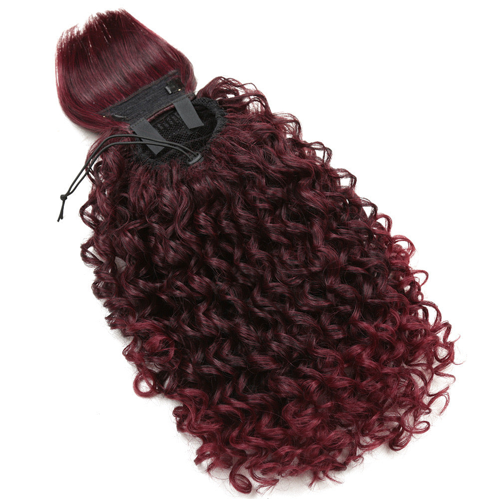 12 Inch Burgundy Kinky Curly Ponytail with Swoop Side Bangs for Black Women