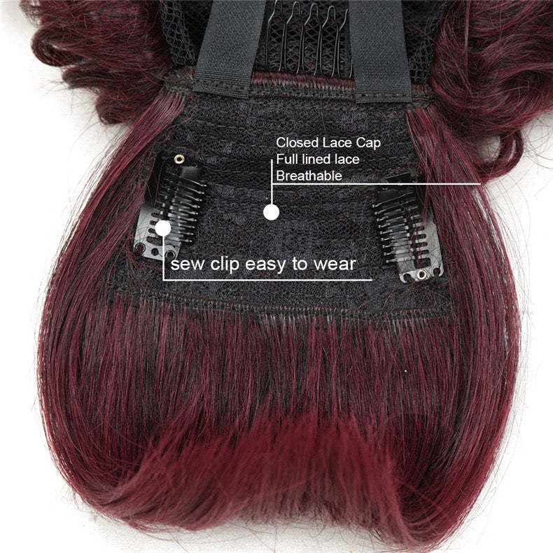 12 Inch Burgundy Kinky Curly Ponytail with Swoop Side Bangs for Black Women