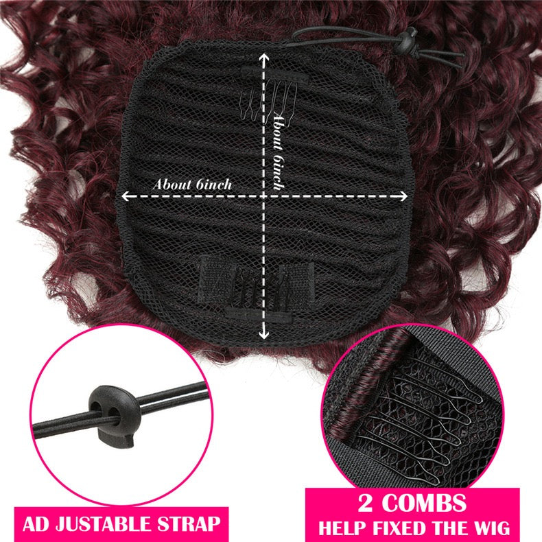 12 Inch Burgundy Kinky Curly Ponytail with Swoop Side Bangs for Black Women