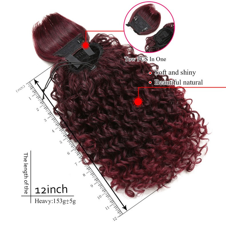 12 Inch Burgundy Kinky Curly Ponytail with Swoop Side Bangs for Black Women