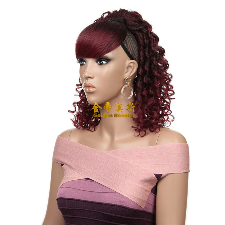 12 Inch Burgundy Kinky Curly Ponytail with Swoop Side Bangs for Black Women