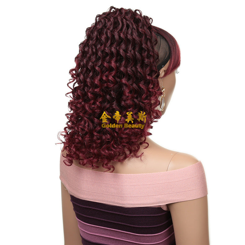 12 Inch Burgundy Kinky Curly Ponytail with Swoop Side Bangs for Black Women