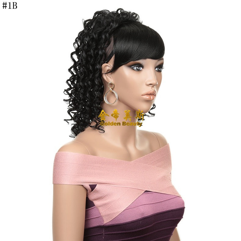12 Inch Black Kinky Curly Ponytail with Swoop Side Bangs Extension Short Clip in Hair Piece Bangs Ponytail for Black Women