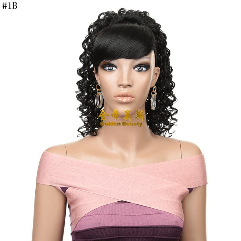 12 Inch Black Kinky Curly Ponytail with Swoop Side Bangs Extension Short Clip in Hair Piece Bangs Ponytail for Black Women
