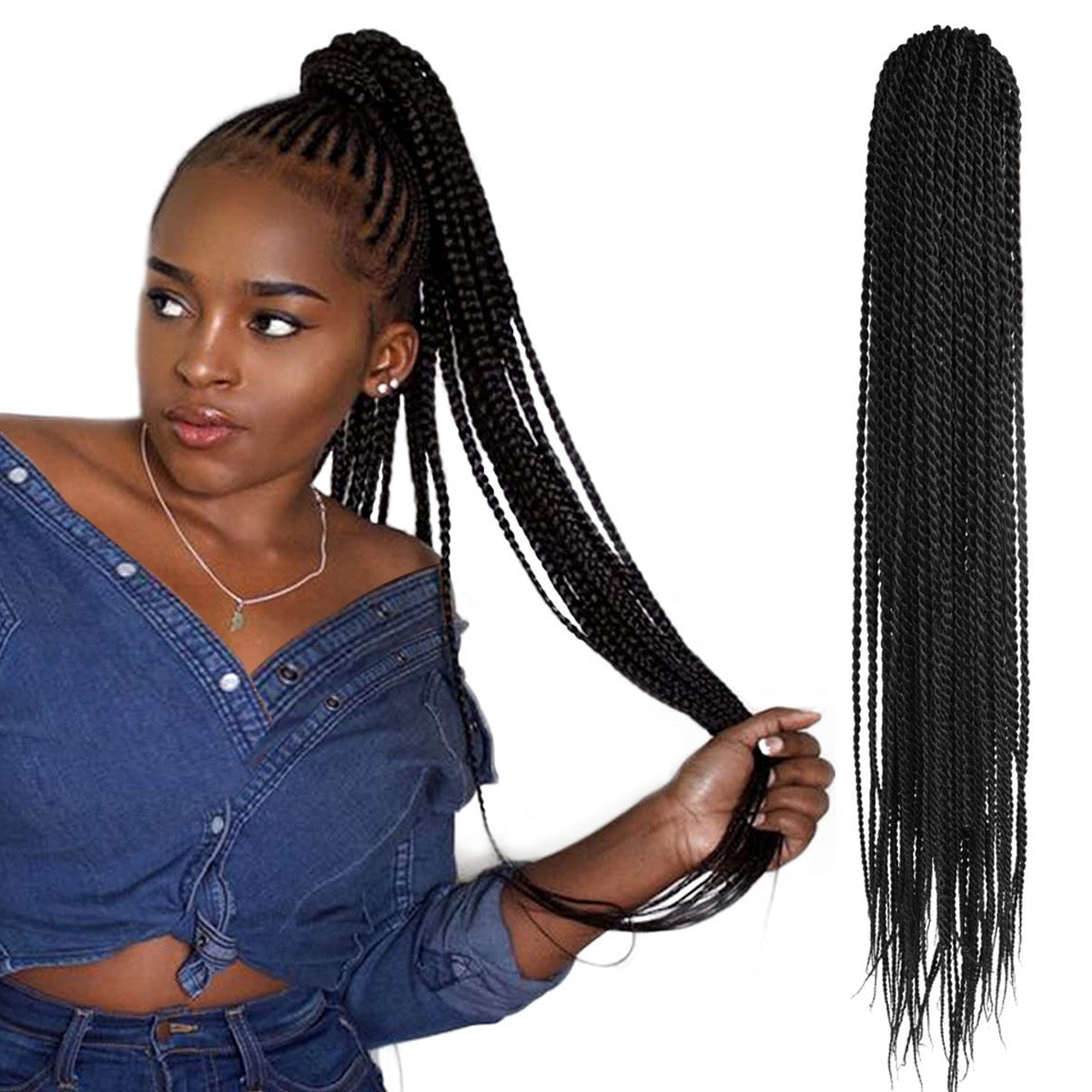 Black color 28inch 2X Sengalese Twist Braid Drawstring Ponytail Extension Black Women