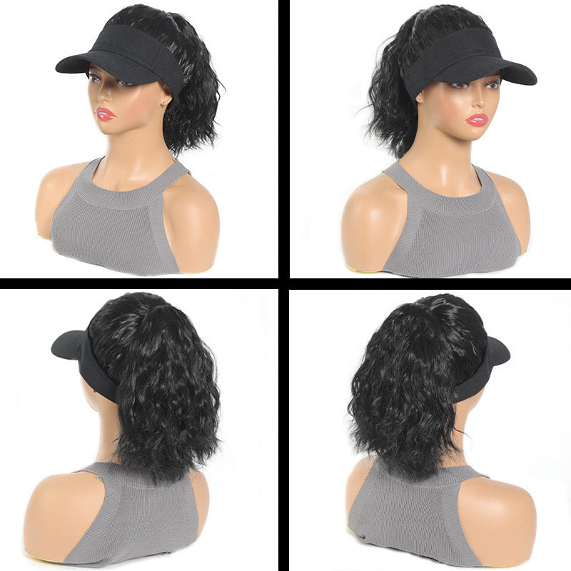 Black Baseball Cap with Hair Attached Wave Hat Wig for Black Women