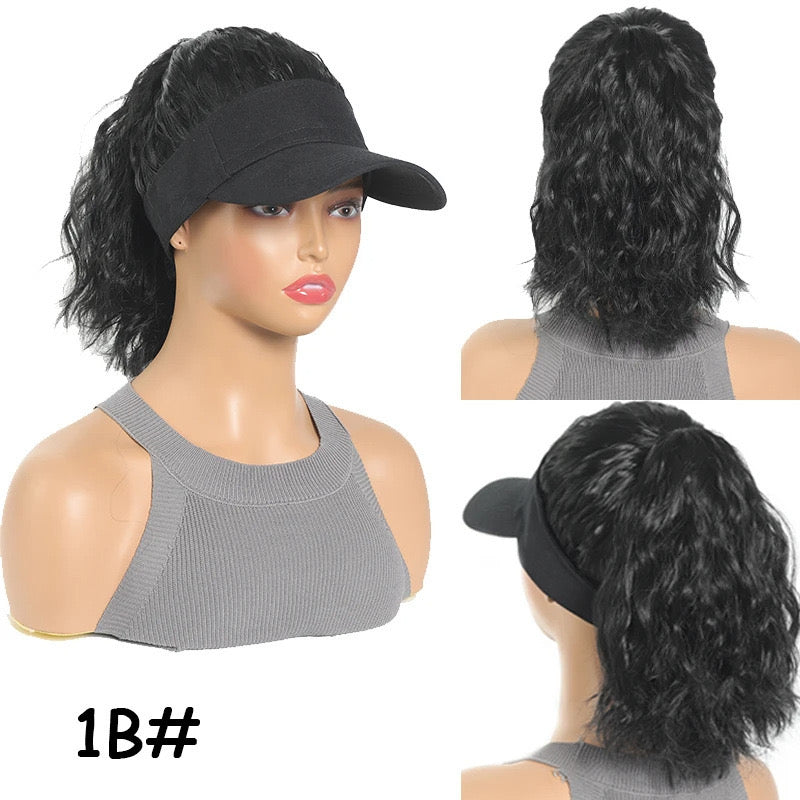 Black Baseball Cap with Hair Attached Wave Hat Wig for Black Women