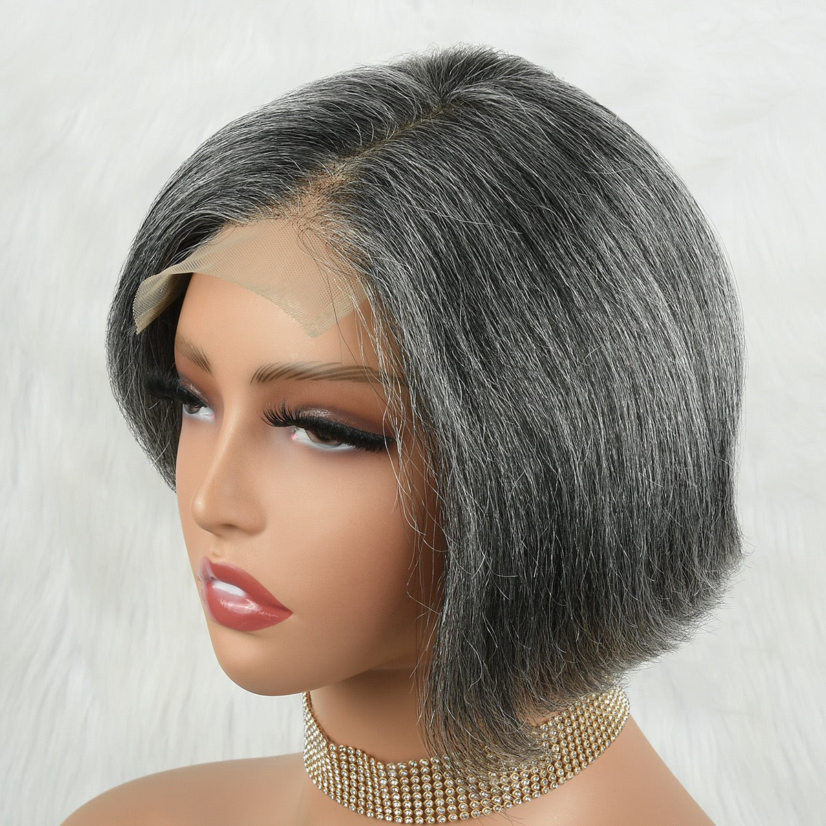 Human Hair Salt & Pepper Glueless Lace Wig 4x4 Short Pixie Cut Straight Bob for Old lady