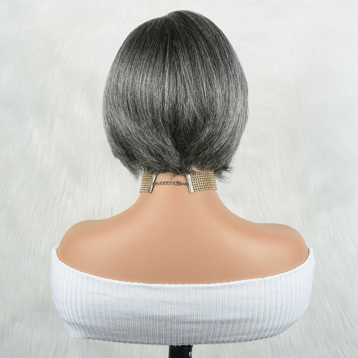 Human Hair Salt & Pepper Glueless Lace Wig 4x4 Short Pixie Cut Straight Bob for Old lady