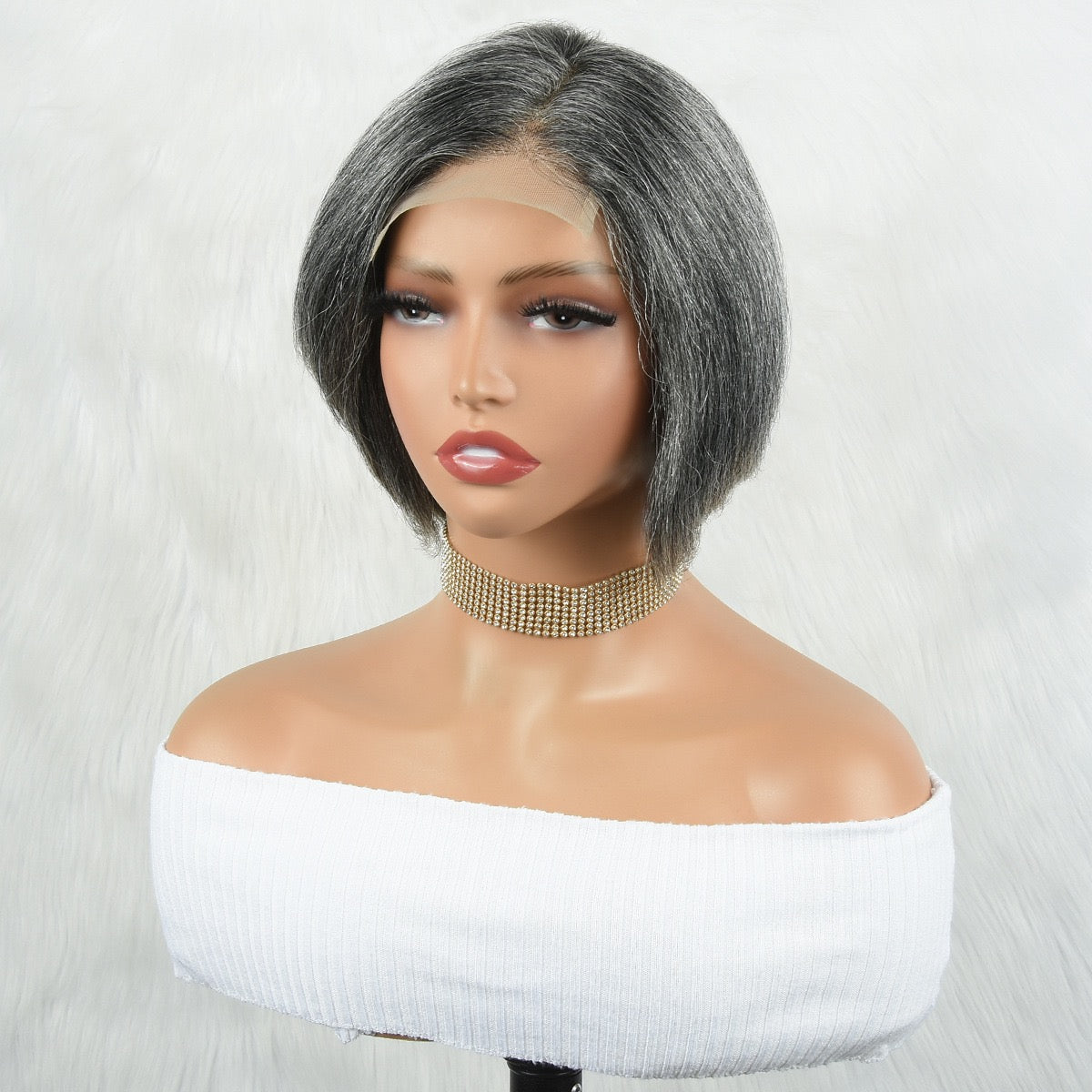 Human Hair Salt & Pepper Glueless Lace Wig 4x4 Short Pixie Cut Straight Bob for Old lady