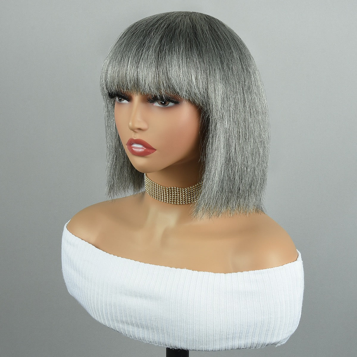 100% Human Hair Salt and Pepper Wigs Bob with Bangs for Older Black Ladies
