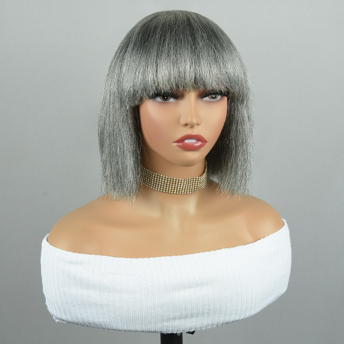 100% Human Hair Salt and Pepper Wigs Bob with Bangs for Older Black Ladies
