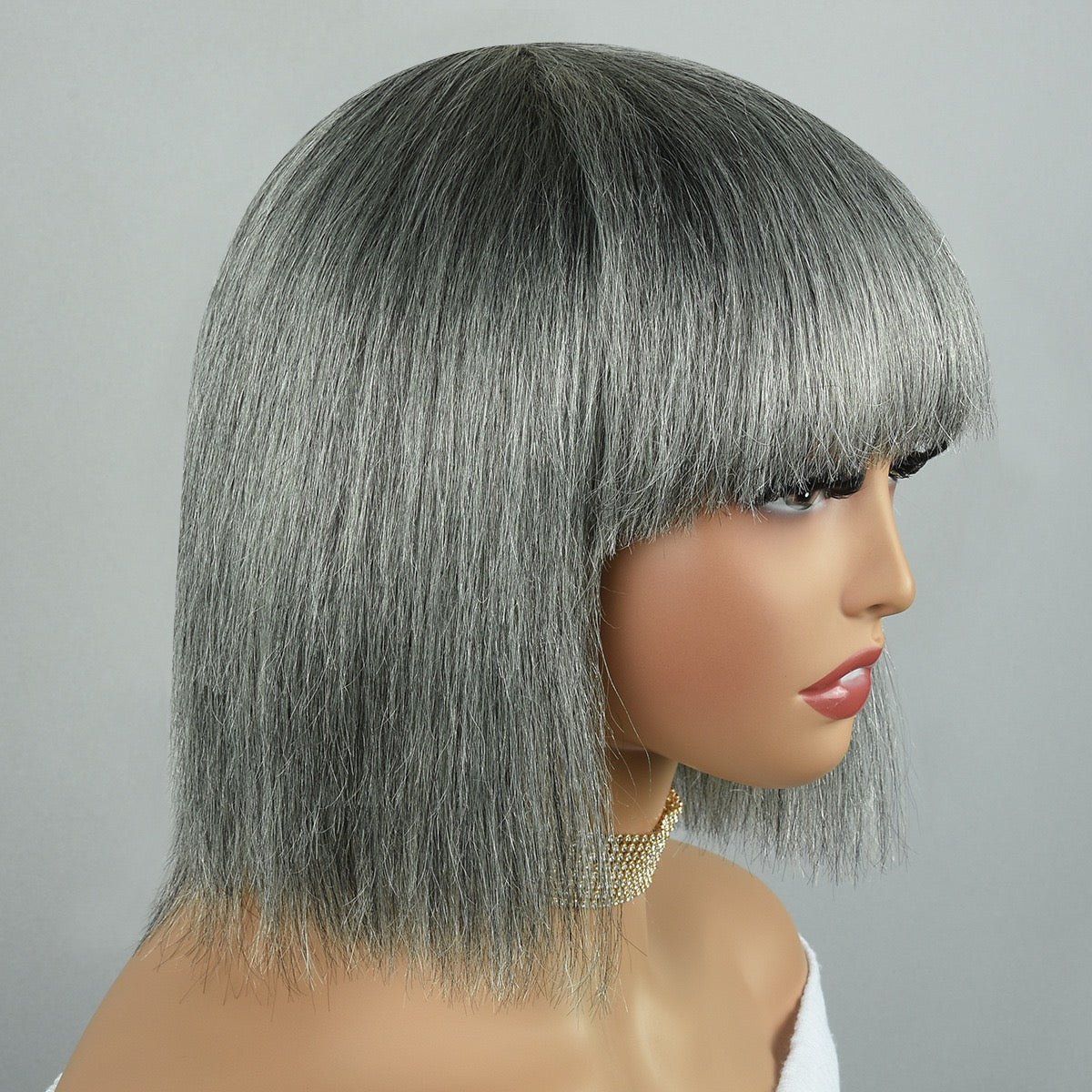 100% Human Hair Salt and Pepper Wigs Bob with Bangs for Older Black Ladies