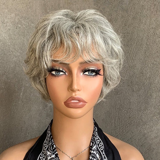 Light Salt and Pepper Wigs Human Hair Straight Grey Pixie Cut for Black Women