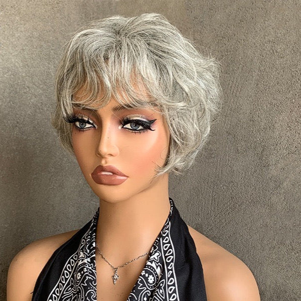 Light Salt and Pepper Wigs Human Hair Straight Grey Pixie Cut for Black Women