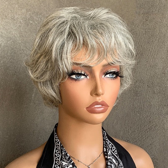 Light Salt and Pepper Wigs Human Hair Straight Grey Pixie Cut for Black Women