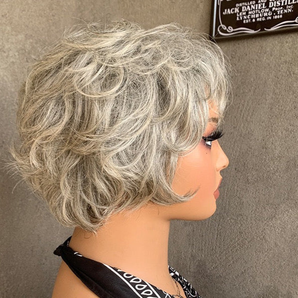 Light Salt and Pepper Wigs Human Hair Straight Grey Pixie Cut for Black Women