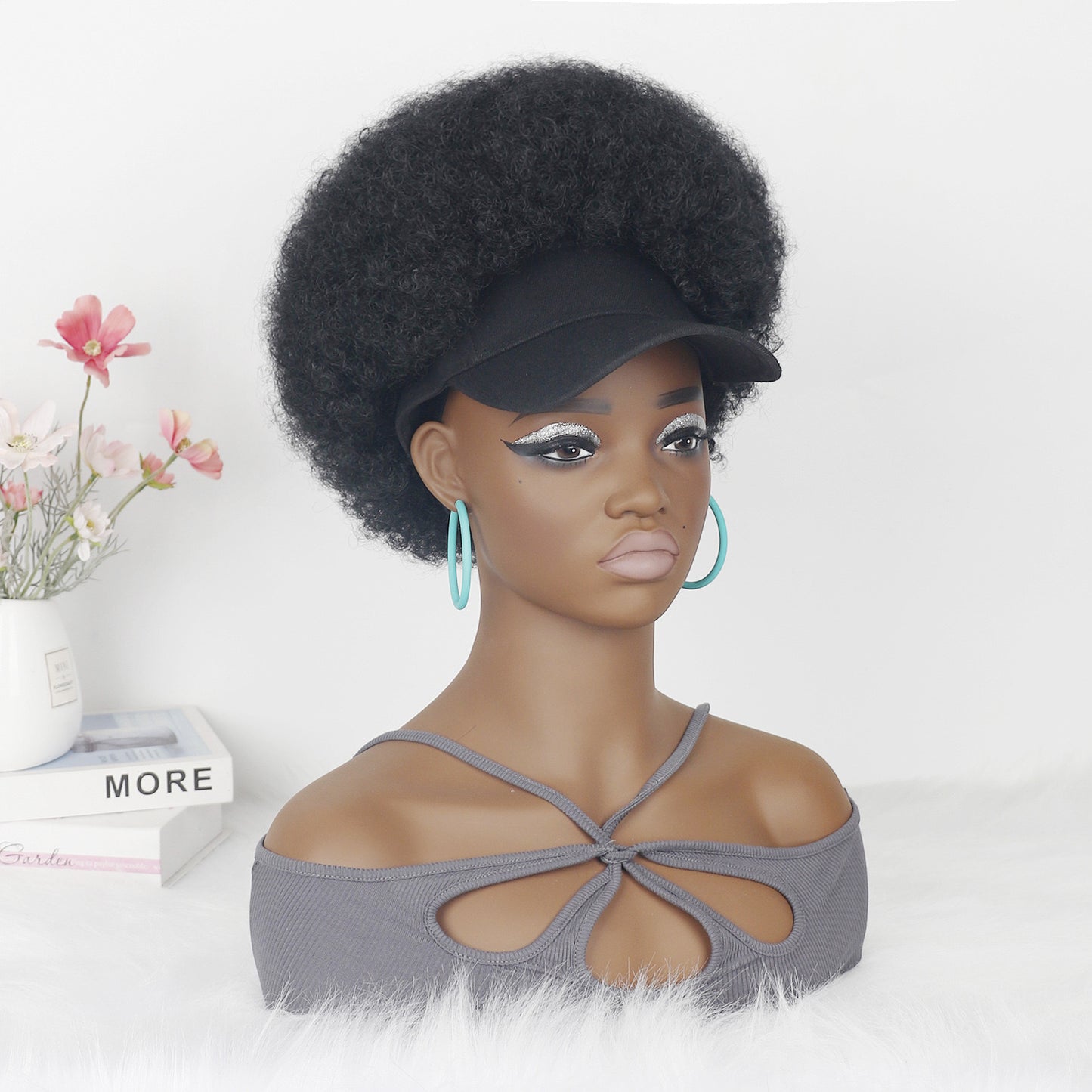 Black Baseball Cap with Afro Hair Attached Hat Wig for Black Women