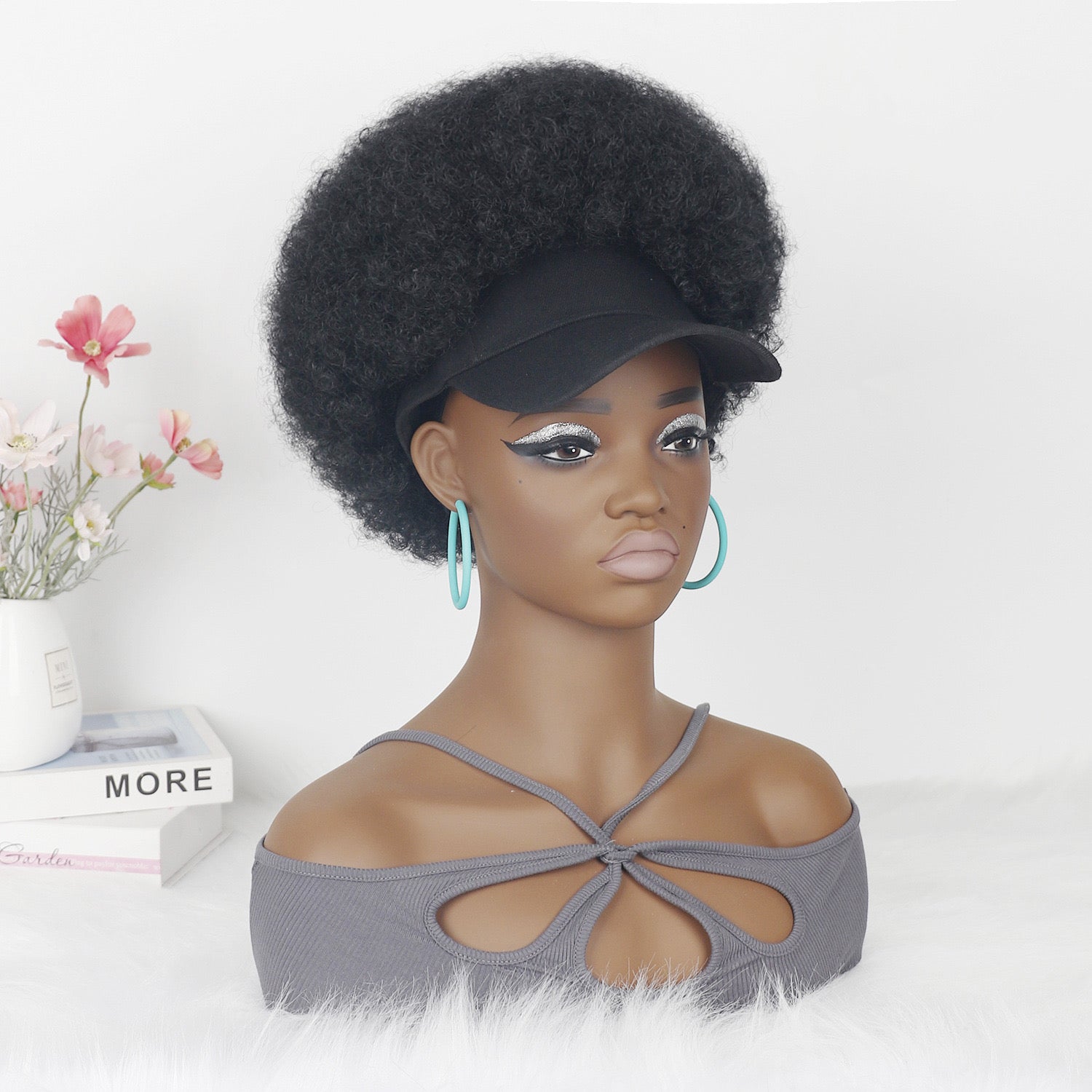 Black Baseball Cap with  Afro Hair Attached Hat Wig for Black Women