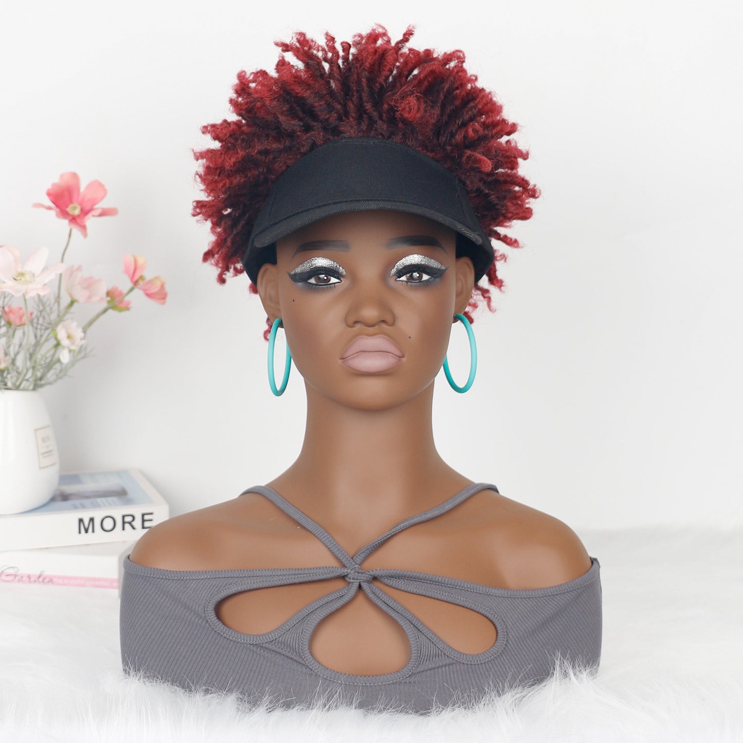 Short Braided Hat Wig Ombre Red Color Dreadlocks Braids Wigs for Black Women