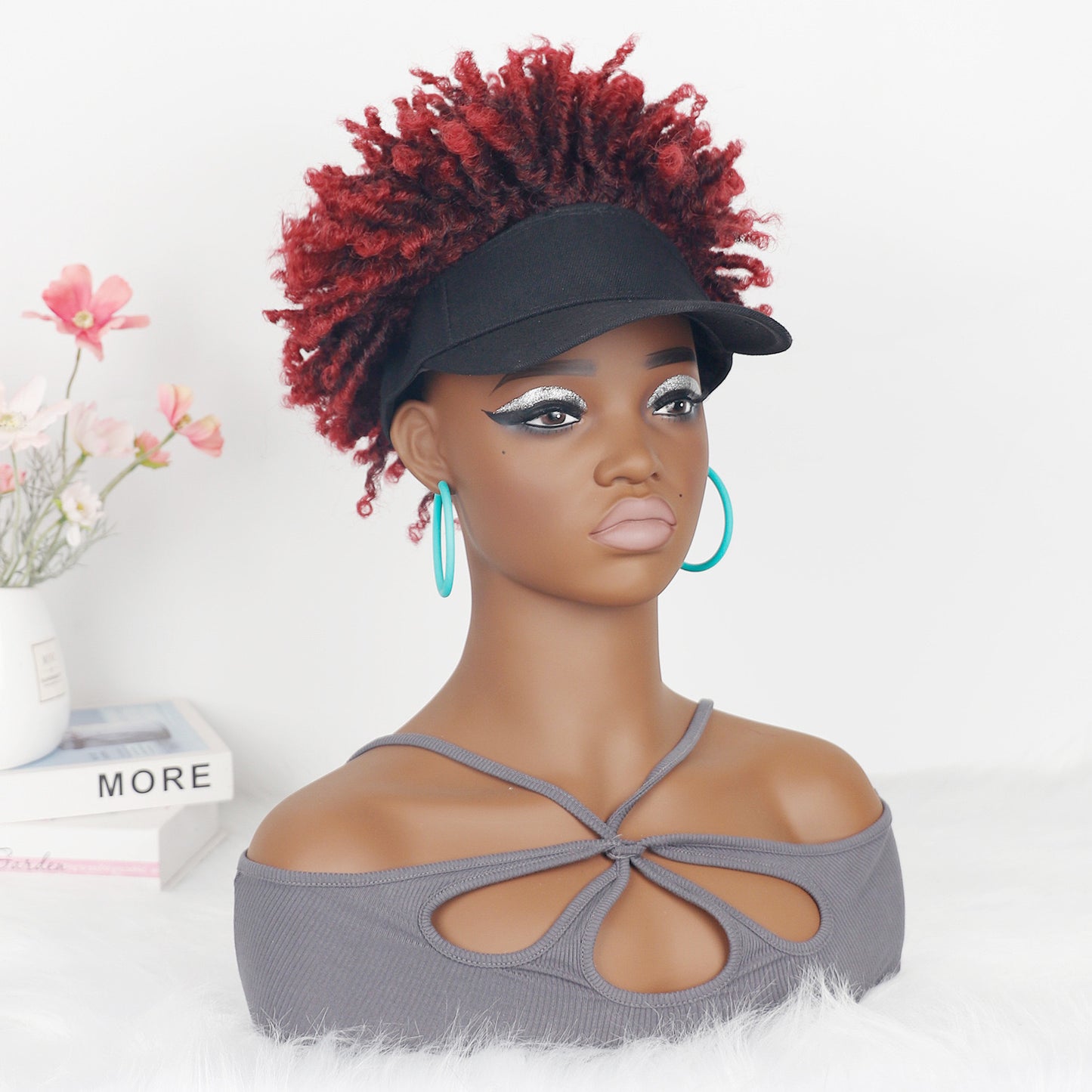 Short Braided Hat Wig Ombre Red Color Dreadlocks Braids Wigs for Black Women