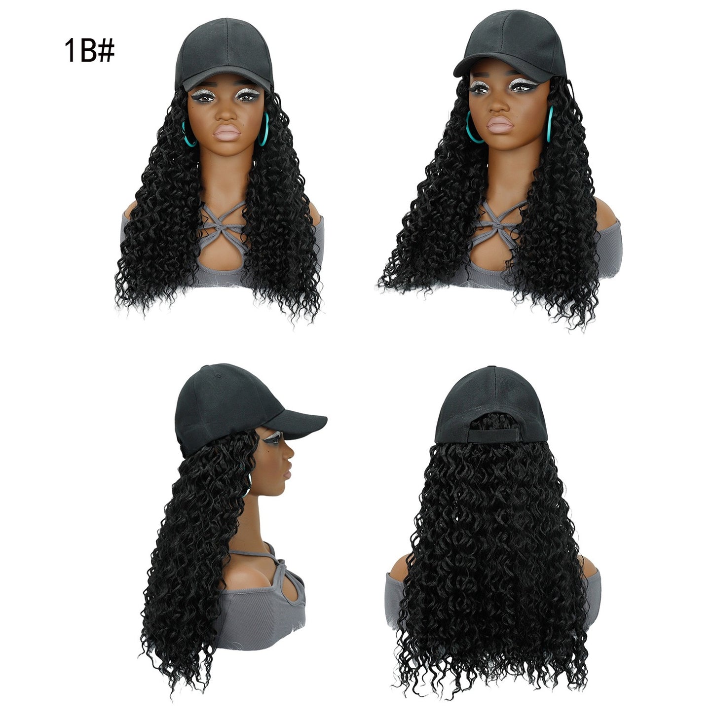 Long Baseball Cap with Curly Hair Attached 18inch Hat Wig for Women