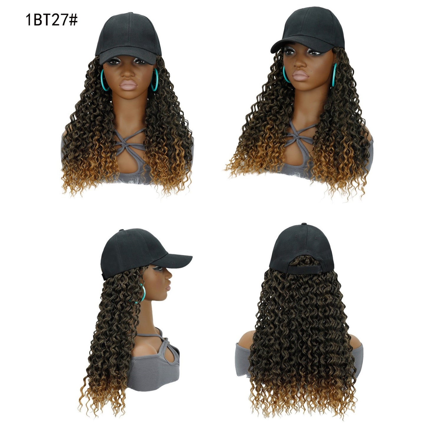 Long Baseball Cap with Curly Hair Attached 18inch Hat Wig for Women