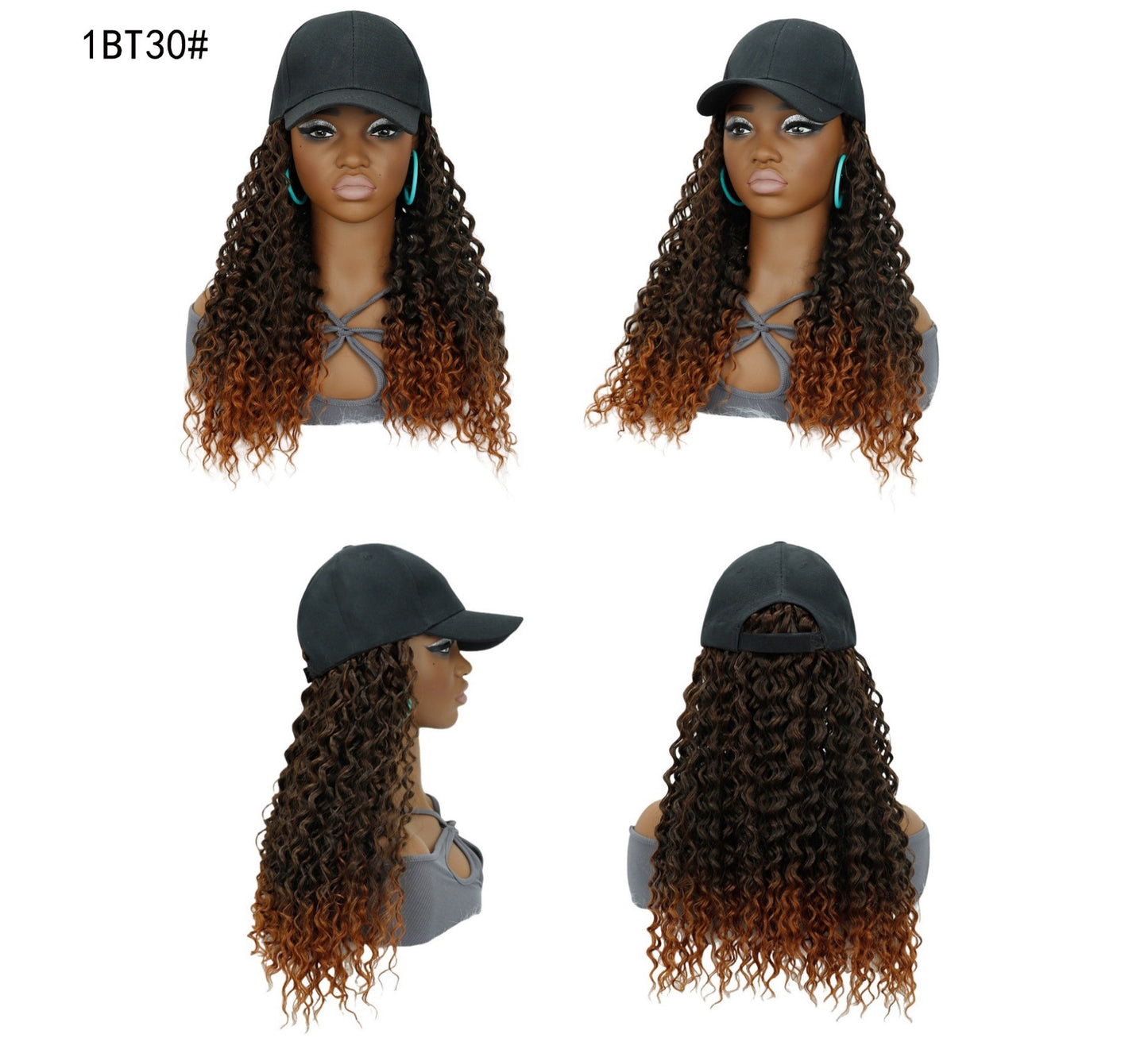 Long Baseball Cap with Curly Hair Attached 18inch Hat Wig for Women