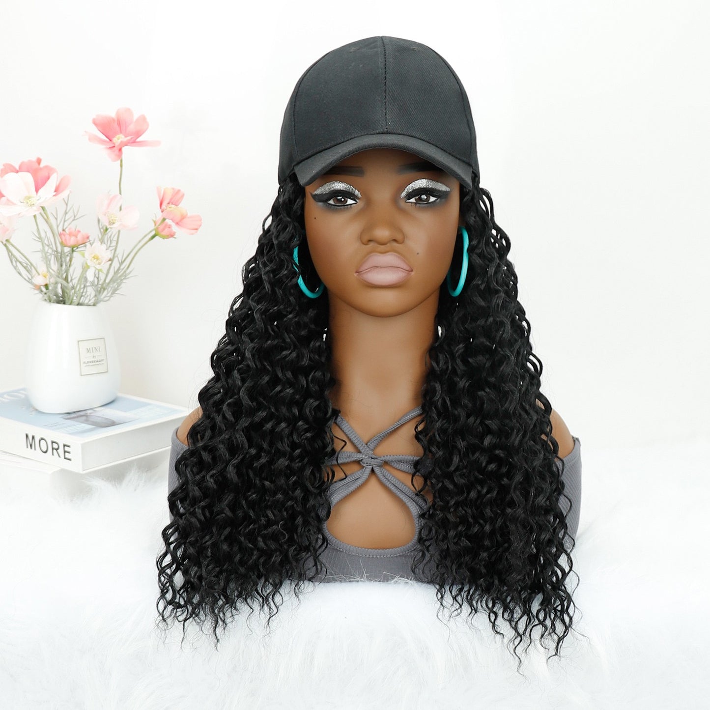 Long Baseball Cap with Curly Hair Attached 18inch Hat Wig for Women