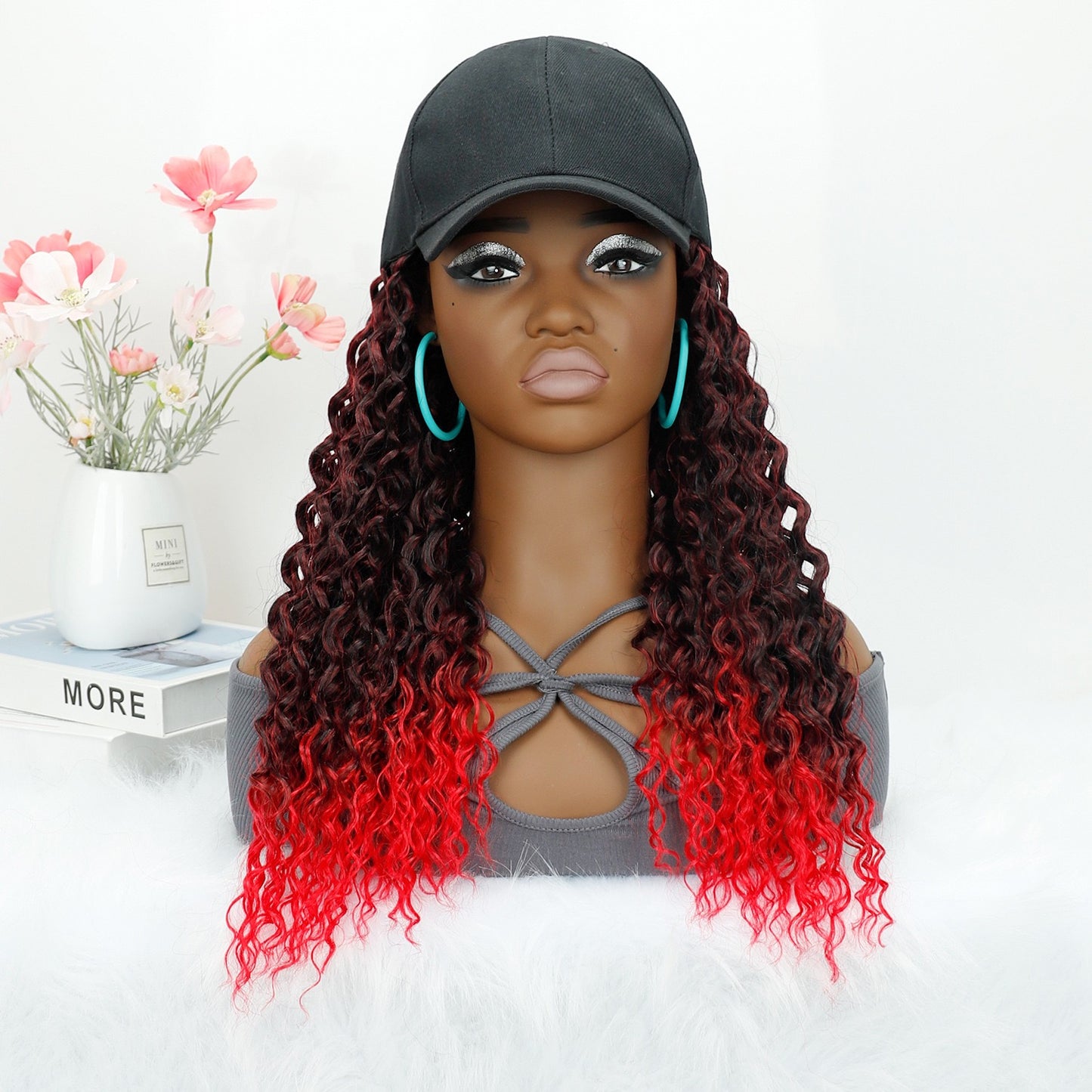 Long Baseball Cap with Curly Hair Attached 18inch Hat Wig for Women