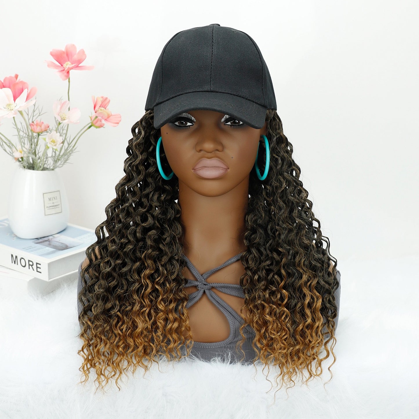 Long Baseball Cap with Curly Hair Attached 18inch Hat Wig for Women